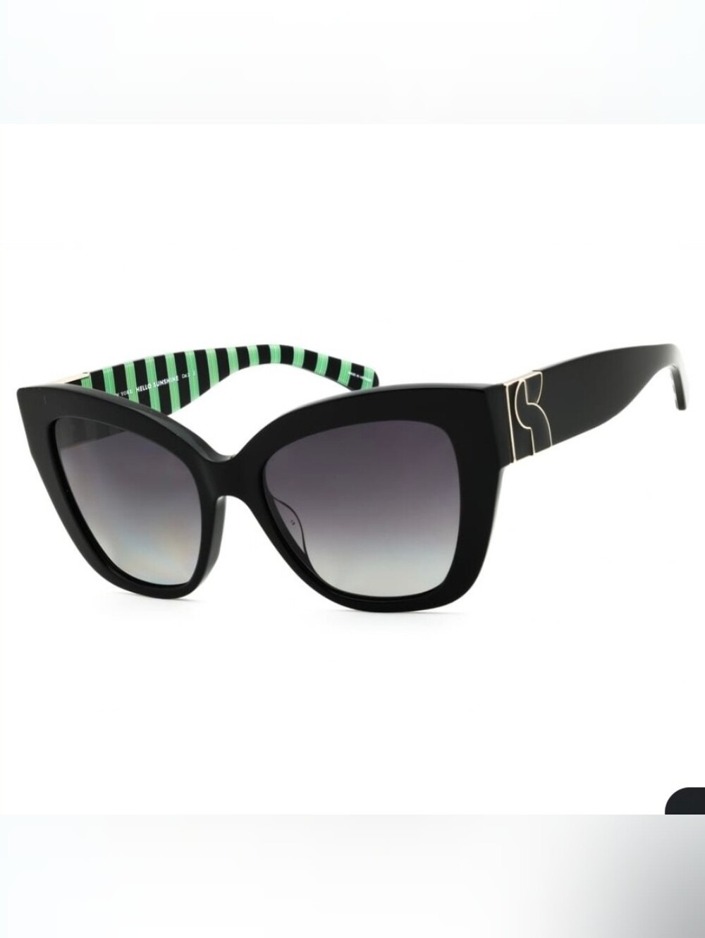 Kate Spade BEXLEY Black Cat-Eye Sunglasses with Green-Striped Arms NEW!!